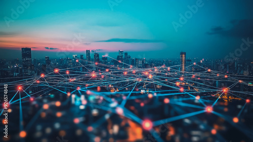 Smart digital Innovation city with connection network reciprocity over the cityscape. of future smart wireless digital city and social media networking systems that connects people with in city