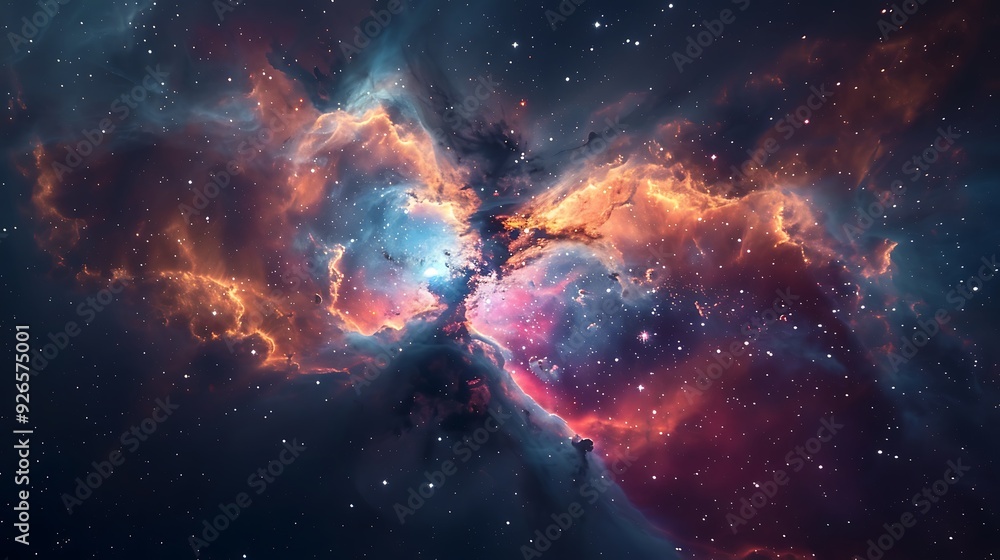 Fototapeta premium A close-up of a nebula, vibrant and intricate gas formations, new stars being born, viewed from a nearby star system, bright and colorful, capturing the awe-inspiring beauty of stellar nurseries.