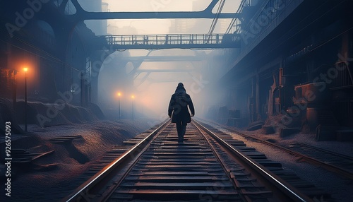 Alone in a Steel City A Serene Journey through the Foggy Railroad