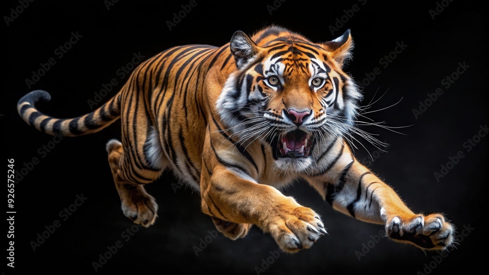 Obraz premium Dangerous tiger in mid-jump with open mouth and sharp teeth on black background, tiger, jump, sharp teeth, ferocious, predator