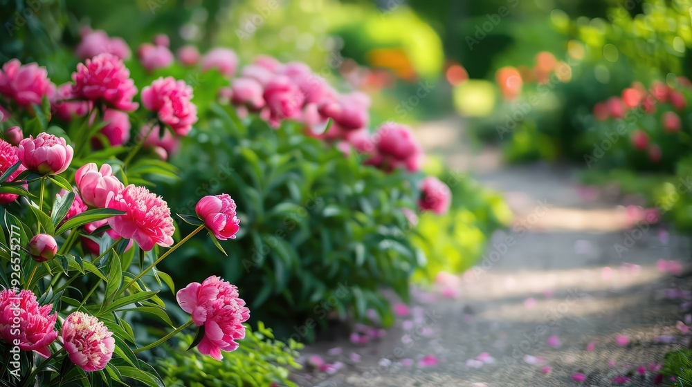 A path through a lush garden with vibrant pink peonies in full bloom. Sunlight filters through the leaves, creating a warm and inviting atmosphere. A path through a lush garden with vibrant pink peonies in full bloom. Sunlight filters through the leaves, creating a warm and inviting atmosphere.