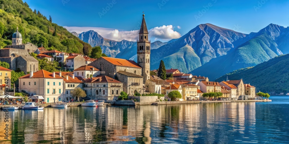 Charming old town of Perast nestled on the tranquil Bay of Kotor in Montenegro, Perast, Bay of Kotor, Montenegro Charming old town of Perast nestled on the tranquil Bay of Kotor in Montenegro, Perast, Bay of Kotor, Montenegro