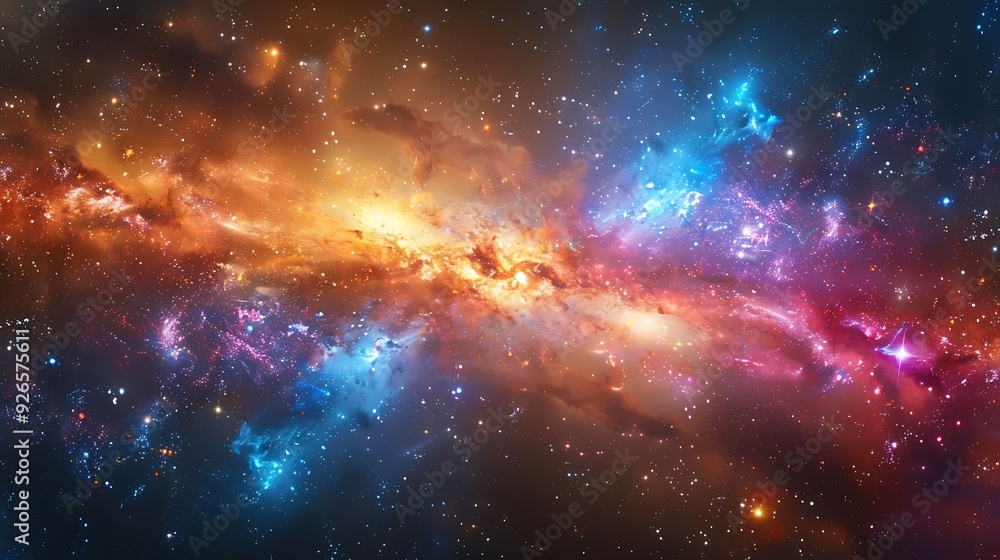 Naklejka premium A cosmic dance of colliding galaxies, vibrant colors and swirling stars, viewed from a distant star system, bright light bursts, and ethereal gas formations,