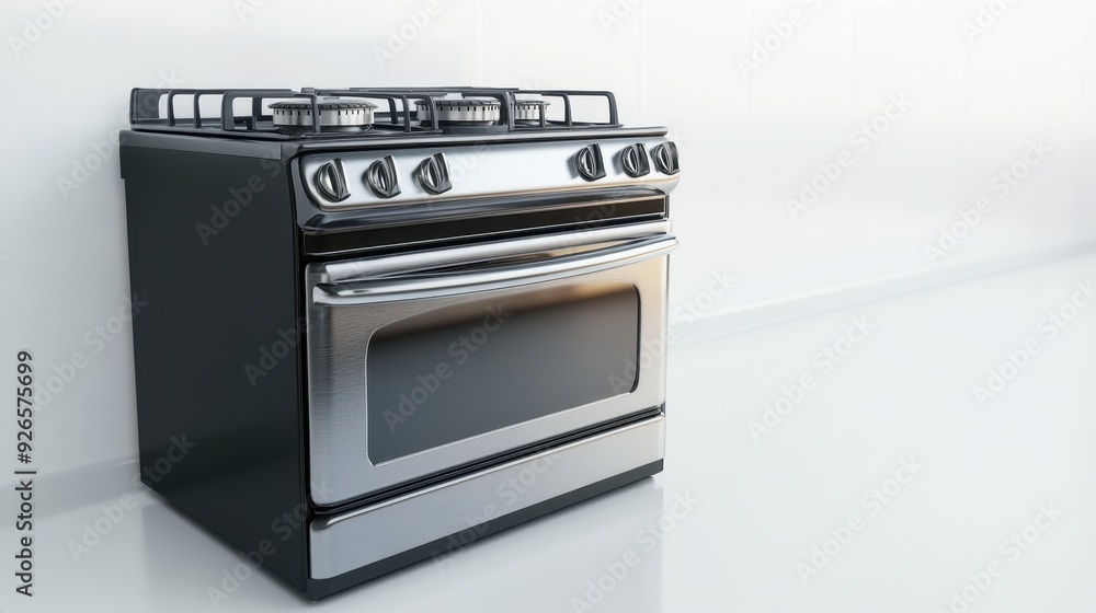 Fototapeta premium A shiny stainless steel gas stove isolated on a clean white background, emphasizing modern kitchen technology and design.