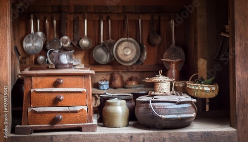 An old-fashioned kitchen in a village from the past. Cooking tools made of old materials are kept in an antique cupboard. These old kitchen tools are still kept and cared for at UGM Yogyakarta. photo