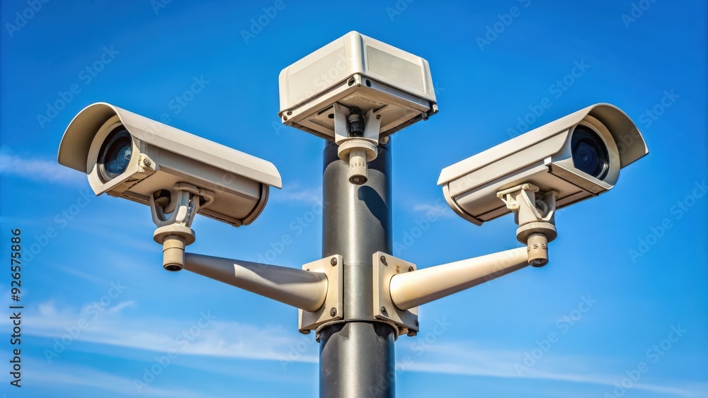 Three security CCTV cameras mounted on public light pylon, security, surveillance, CCTV, cameras, public, infrastructure Three security CCTV cameras mounted on public light pylon, security, surveillance, CCTV, cameras, public, infrastructure