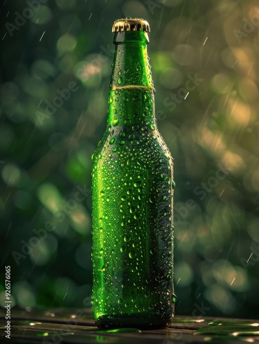 Cold green glass beer bottle covered in condensation with a blurred natural background. photo