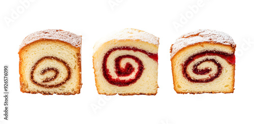 Slices of sweet rolled pastry, cinnamon and jam swirl bread isolated on transparent or white background photo