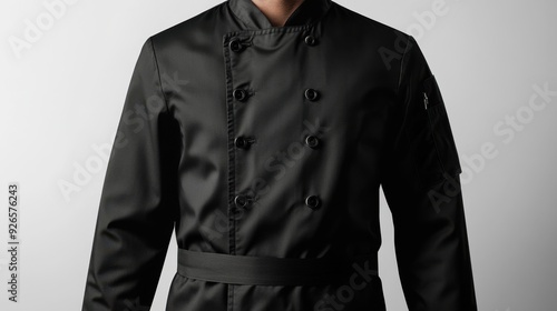 A black chef jacket mockup on a minimalist background, showcasing fine details and a professional, clean-cut appearance.