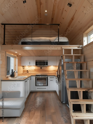 extreme wide shot in a tiny house interior with gorgeous architecture design style with kitchen, a loft with stairs, railings and a bed, real photo