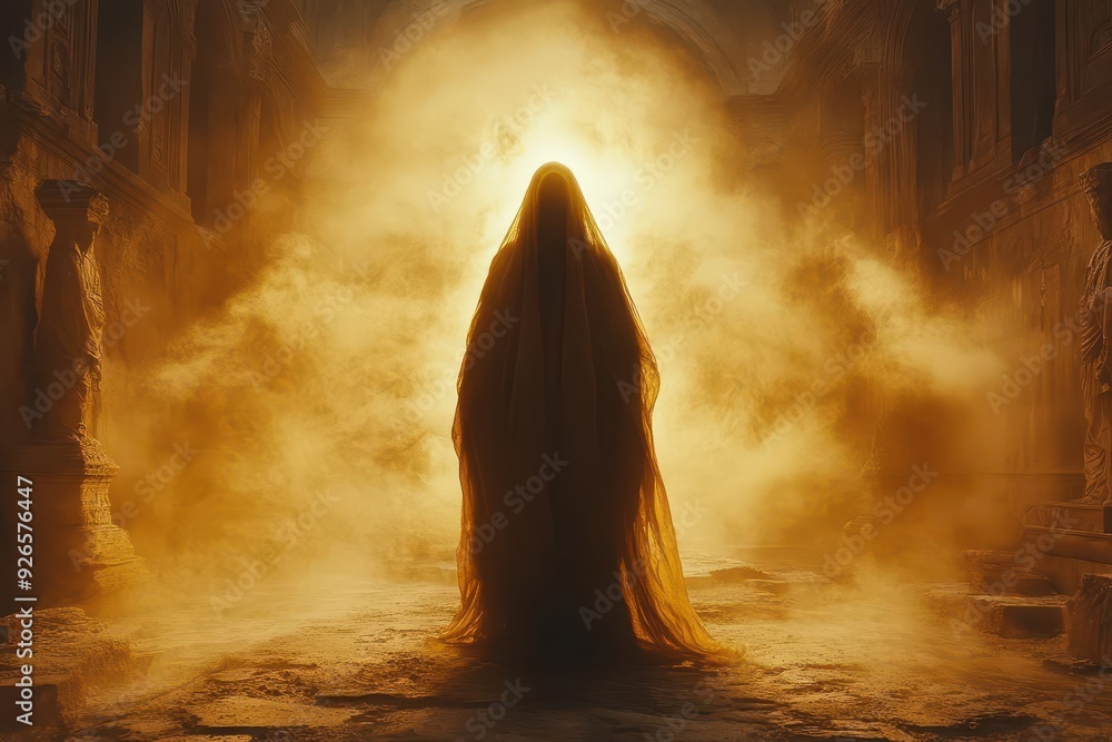 ethereal figure in flowing robes emerges from an ornate stone tomb radiating divine light misty dawn atmosphere soft golden hues dramatic chiaroscuro lighting ethereal figure in flowing robes emerges from an ornate stone tomb radiating divine light misty dawn atmosphere soft golden hues dramatic chiaroscuro lighting