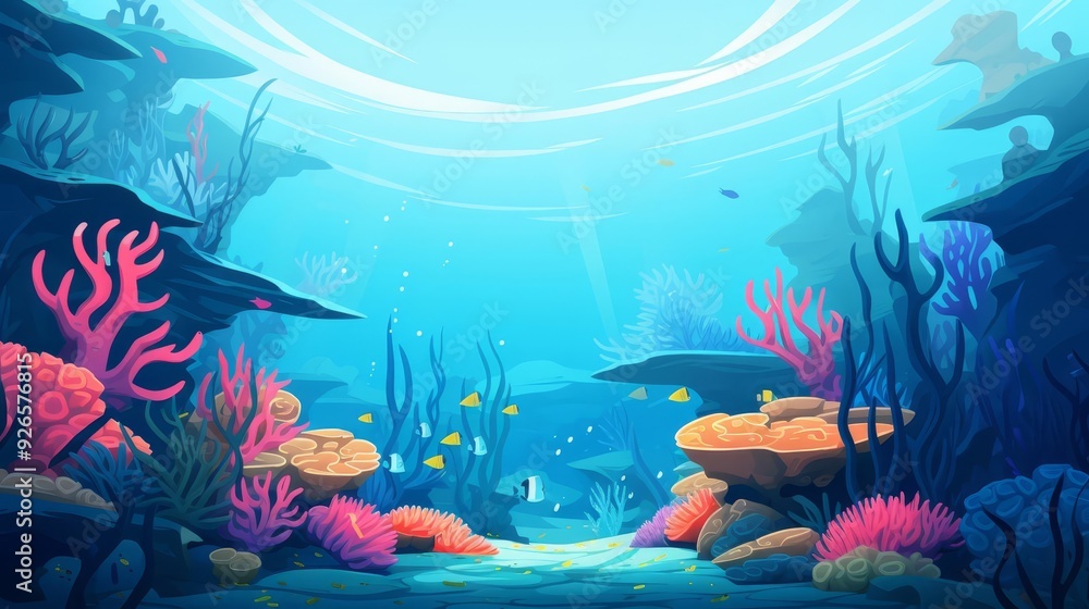 Fototapeta premium Coral reef underwater, flat design, front view, oceanic theme, animation, Complementary Color Scheme