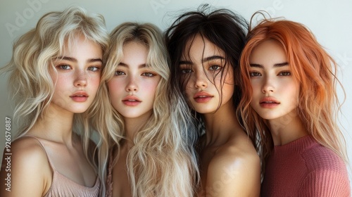 Four women showcase their unique hairstyles and natural beauty, illuminated by soft light in a modern, minimalistic studio