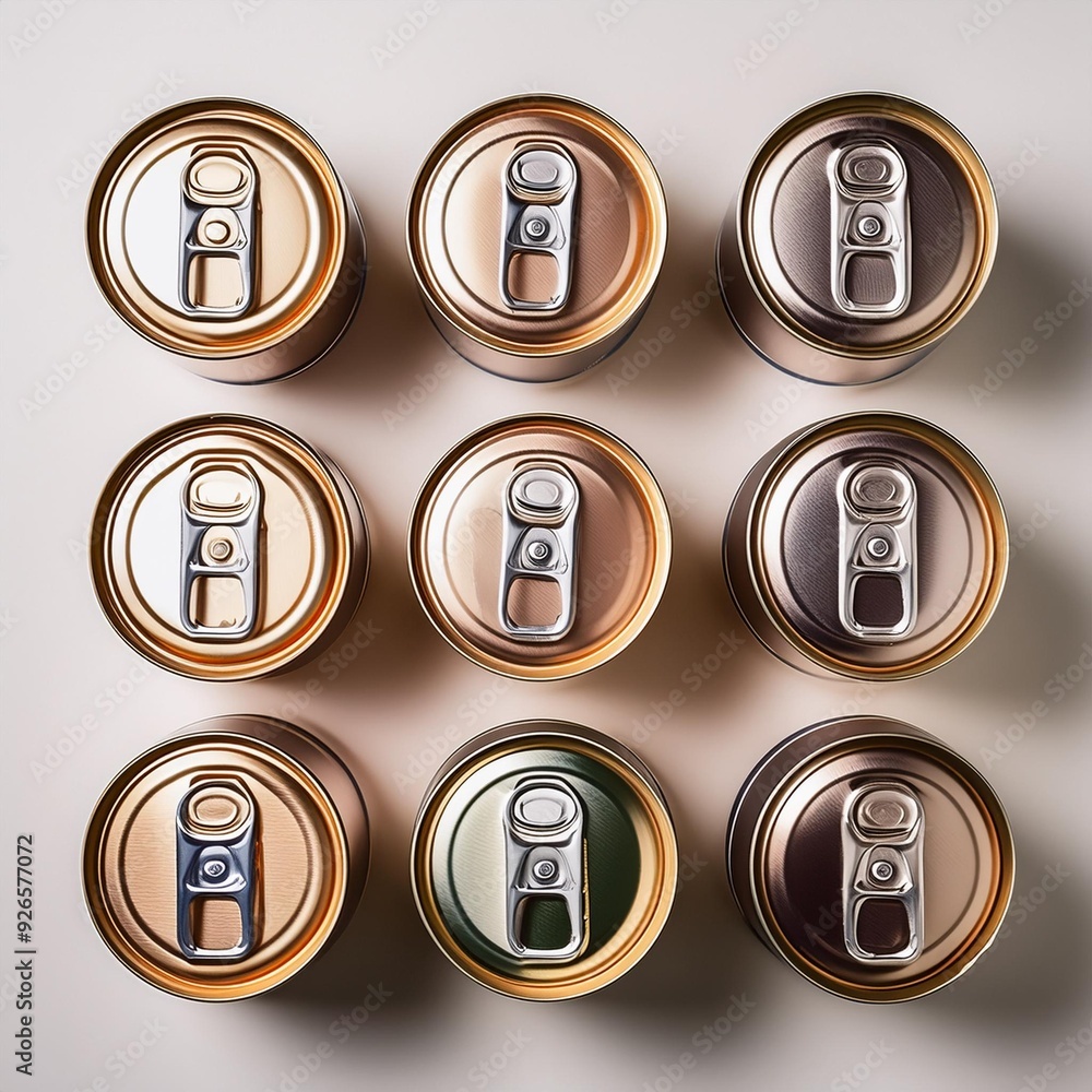 Beverage containers made of tin lined up on a light-colored surface. Beverage containers made of tin lined up on a light-colored surface.