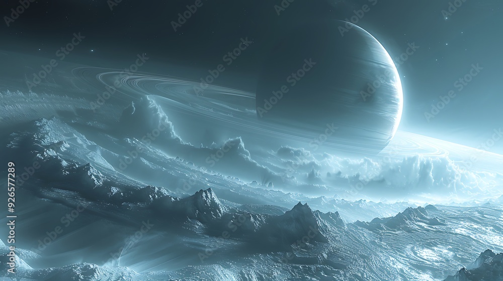 Fototapeta premium A gas giant with majestic rings, seen from a nearby moon, intricate details of the planet's atmosphere and swirling clouds, vibrant colors,