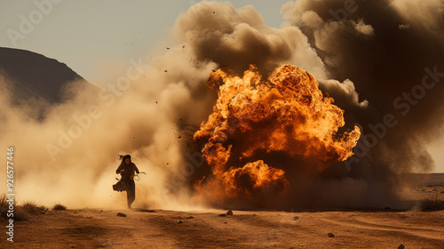 Action shot with woman walking leaving fire and explosions behind his back. Dynamic scene in action movie blockbuster style