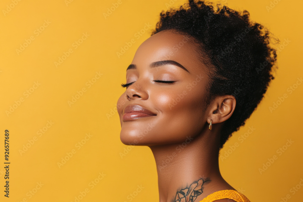 A close up of a tattooed black woman's face with her eyes closed A close up of a tattooed black woman's face with her eyes closed