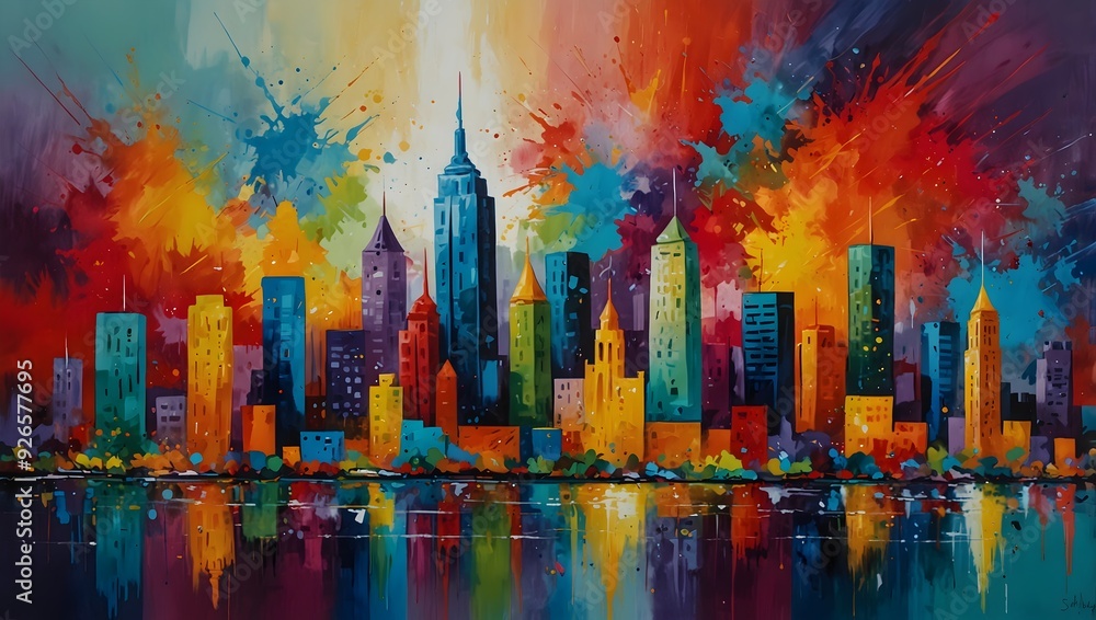 Obraz premium A painting capturing the jubilee of colors exploding in a vibrant, abstract cityscape ai_generated
