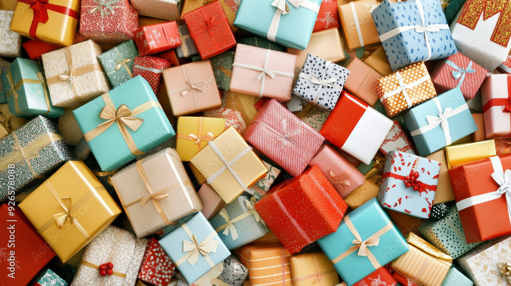 A pile of Christmas presents with colorful wrapping paper A pile of Christmas presents with colorful wrapping paper