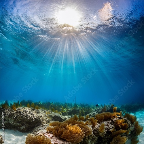 Bright sunlight reflects on the water, revealing a clear view of the underwater world in the Bahamas.