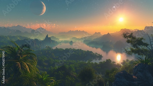 A habitable exoplanet with lush landscapes, vibrant green forests, and sparkling water bodies, clear sky with its parent star and distant celestial bodies, viewed from a high vantage point, photo