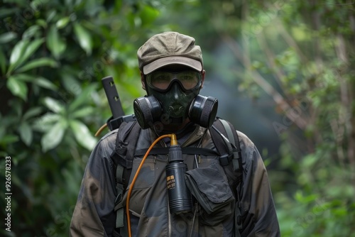 Wallpaper Mural A technician dressed in protective gear readies equipment for eco-friendly pest control amidst vibrant greenery. Torontodigital.ca