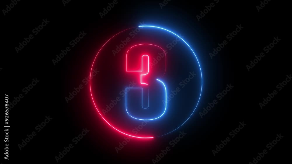 Bright neon number three red and blue color with black background Bright neon number three red and blue color with black background