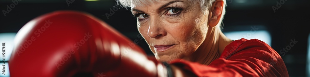 Fototapeta premium A woman in a red boxing glove is about to throw a punch. Concept of determination and strength, as the woman prepares to engage in a physical activity