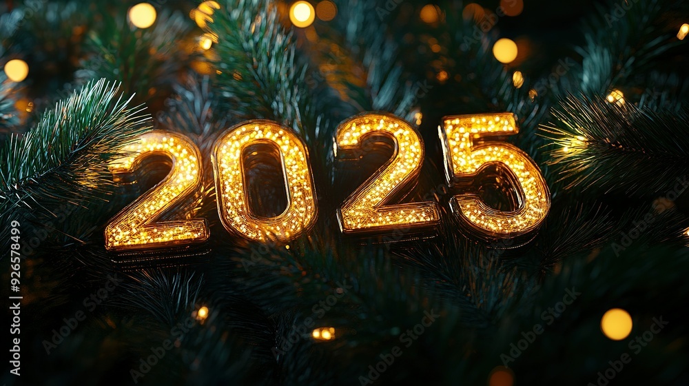 Illuminated 2025 on a Christmas Tree Branch Illuminated 2025 on a Christmas Tree Branch