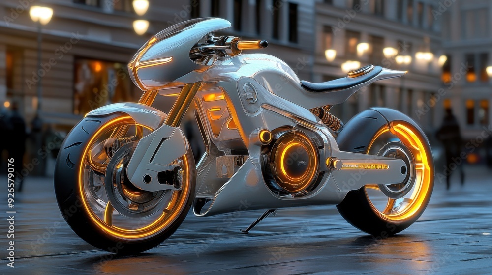 A concept design of a hybrid electric motorcycle, with a sleek and futuristic aesthetic, parked in front of a modern building A concept design of a hybrid electric motorcycle, with a sleek and futuristic aesthetic, parked in front of a modern building