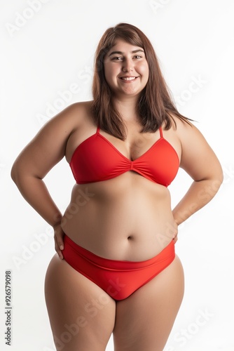 A young woman wearing a red bikini smiles confidently, standing against a white background.