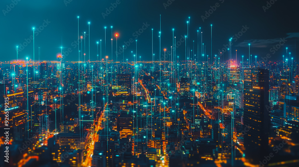 Smart digital Innovation city with connection network reciprocity over the cityscape. of future smart wireless digital city and social media networking systems that connects people with in city Smart digital Innovation city with connection network reciprocity over the cityscape. of future smart wireless digital city and social media networking systems that connects people with in city