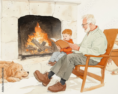 A cozy scene of a grandfather reading to his grandson by the fireplace, with a dog resting nearby. watercolor Style.