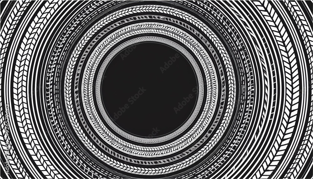 Circle frame with tire tracks background. image. Set for posters, flyers, brochures. Black and white color. Circle frame with tire tracks background. image. Set for posters, flyers, brochures. Black and white color.
