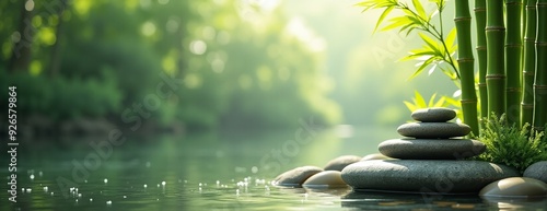 Serene Zen Garden with Stacked Stones and Bamboo Against Misty Water Background with Copy Space