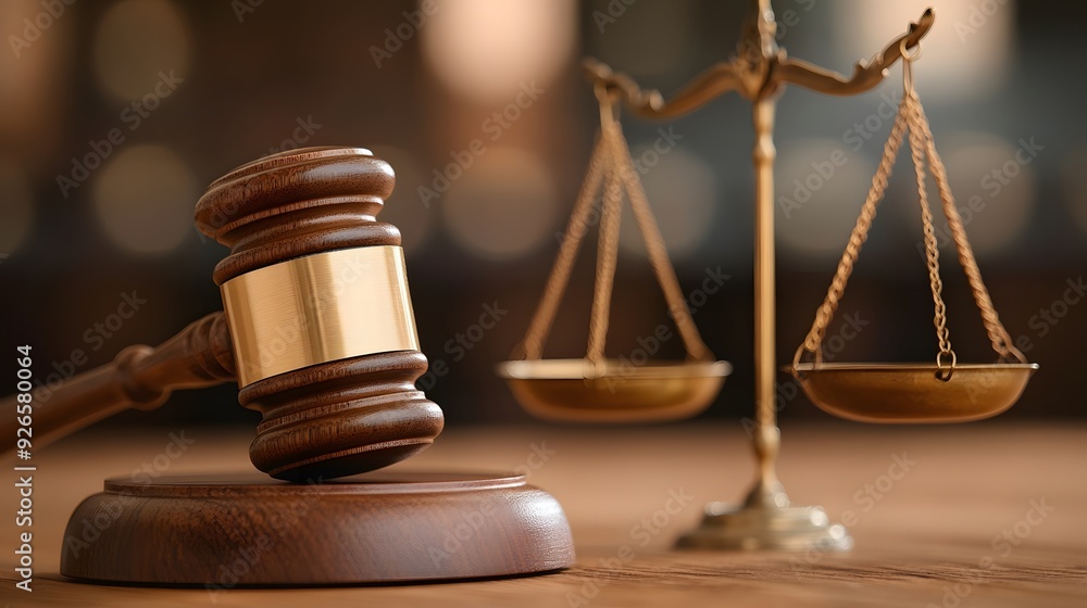 Close-up of a gavel and scales of justice symbolizing law, fairness, and legal proceedings in a courtroom setting. Close-up of a gavel and scales of justice symbolizing law, fairness, and legal proceedings in a courtroom setting.
