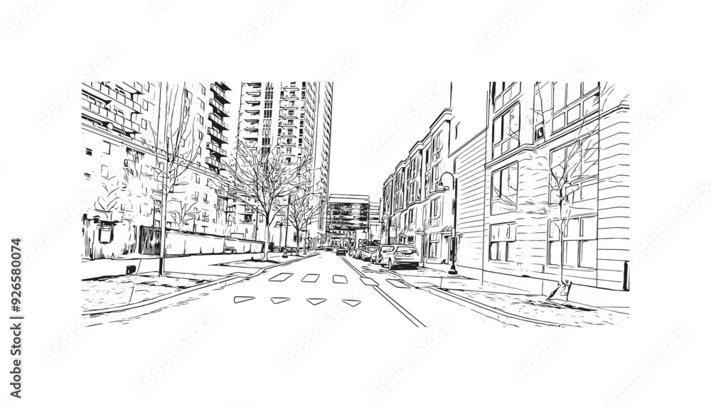 Building view with landmark of Stamford is the city in USA. Hand drawn sketch illustration in vector. Building view with landmark of Stamford is the city in USA. Hand drawn sketch illustration in vector.