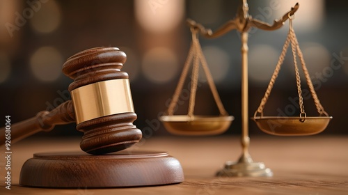 Close-up of a gavel and scales of justice symbolizing law, fairness, and legal proceedings in a courtroom setting.