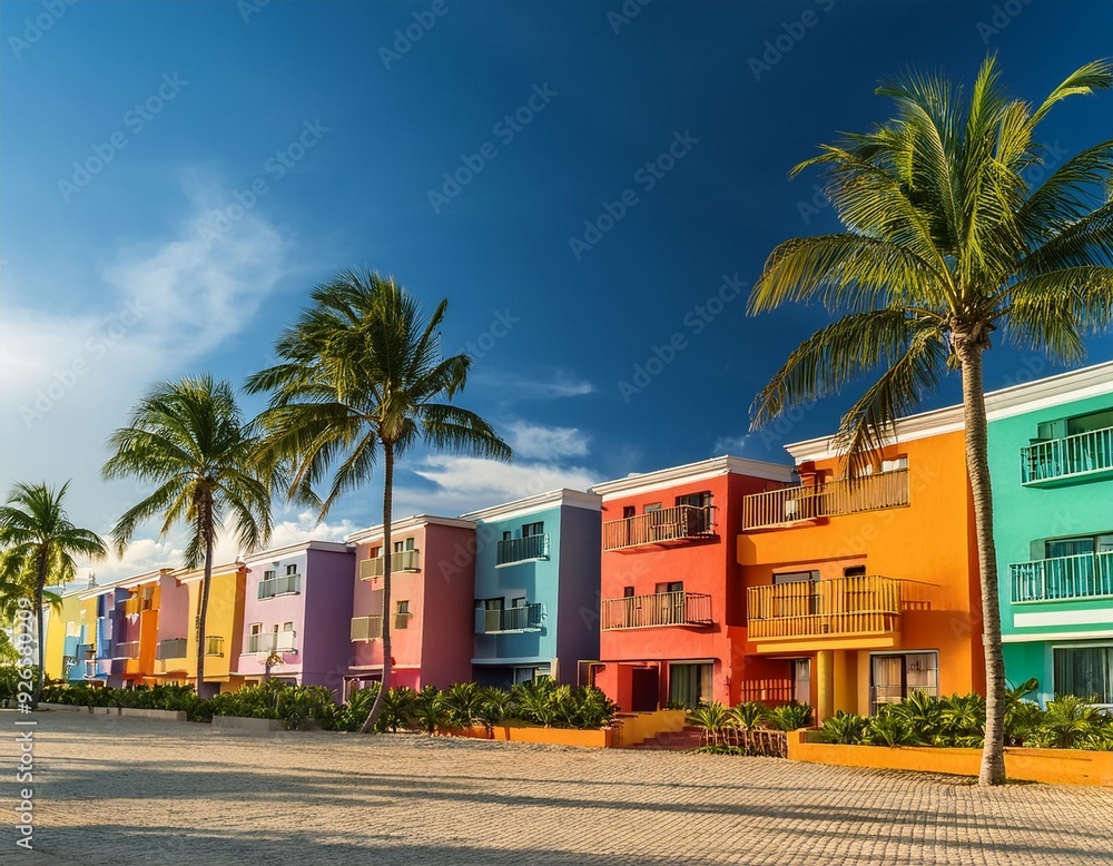 Fototapeta premium Colorful buildings and palm trees create a tropical resort atmosphere.