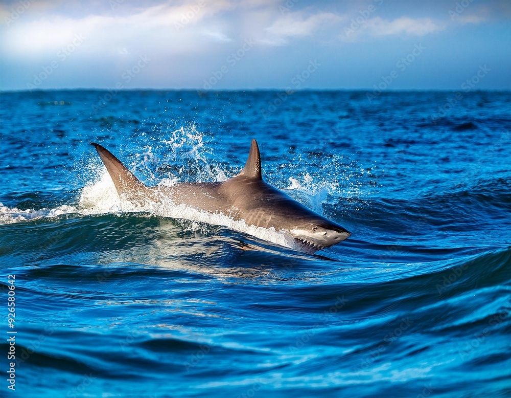 Naklejka premium Blue ocean wave water splashing with shark