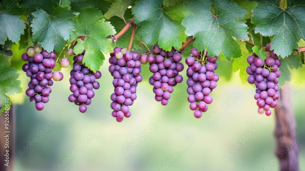 Grape vine with lush clusters of ripe grapes hanging gracefully from delicate tendrils against a soft green background. Grape vine with lush clusters of ripe grapes hanging gracefully from delicate tendrils against a soft green background.