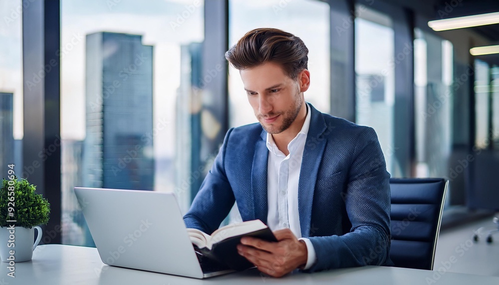 Confident young businessman sitting at a modern indoor office table, reading a book using a laptop. Confident young businessman sitting at a modern indoor office table, reading a book using a laptop.
