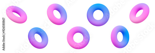 3d set of holographic geometric shape torus. Metal simple figure for your design. Stock vector illustration on isolated background.	
