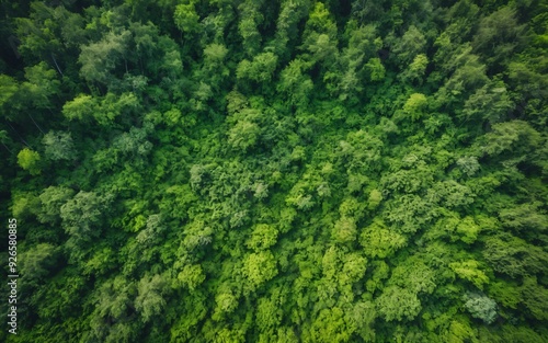 Aerial view of a lush green forest, drone photography.