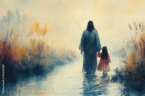 ethereal scene of jesus guiding young girl along serene riverbank soft watercolor style gentle pastels luminous aura flowing robes peaceful expressions