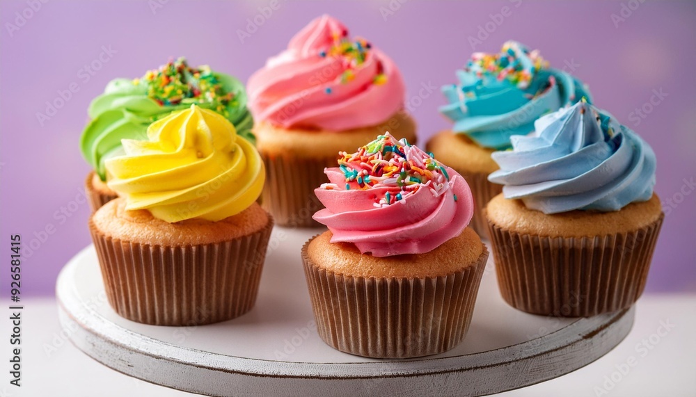 Cute cupcakes with rainbow sprinkles are displayed on a cake stand. Cute cupcakes with rainbow sprinkles are displayed on a cake stand.