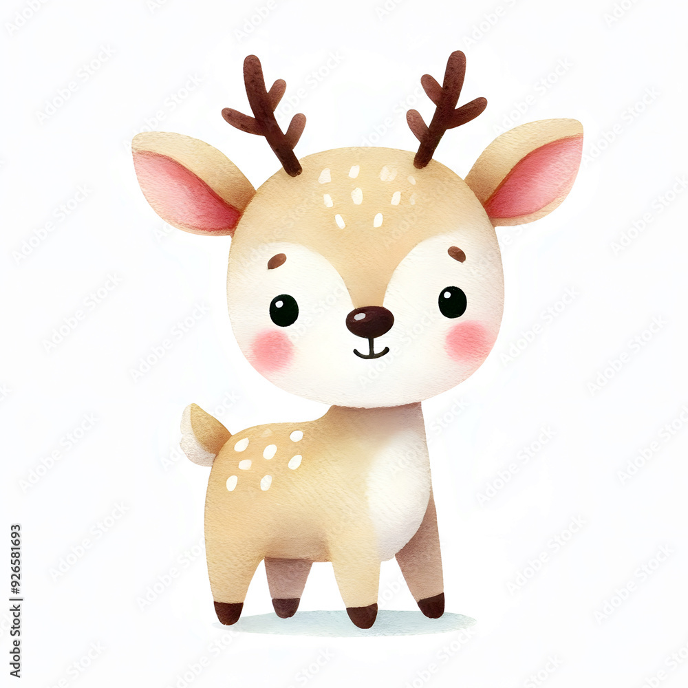 Fototapeta premium Adorable watercolor illustration of a baby deer with big eyes and rosy cheeks, perfect for children's designs and nursery decor.