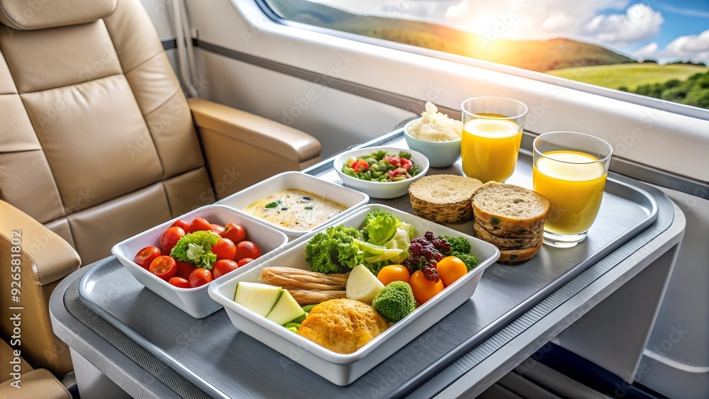 Healthy airplane meal with fresh ingredients served on a tray table, emphasizing nutritious in-flight dining options Healthy airplane meal with fresh ingredients served on a tray table, emphasizing nutritious in-flight dining options