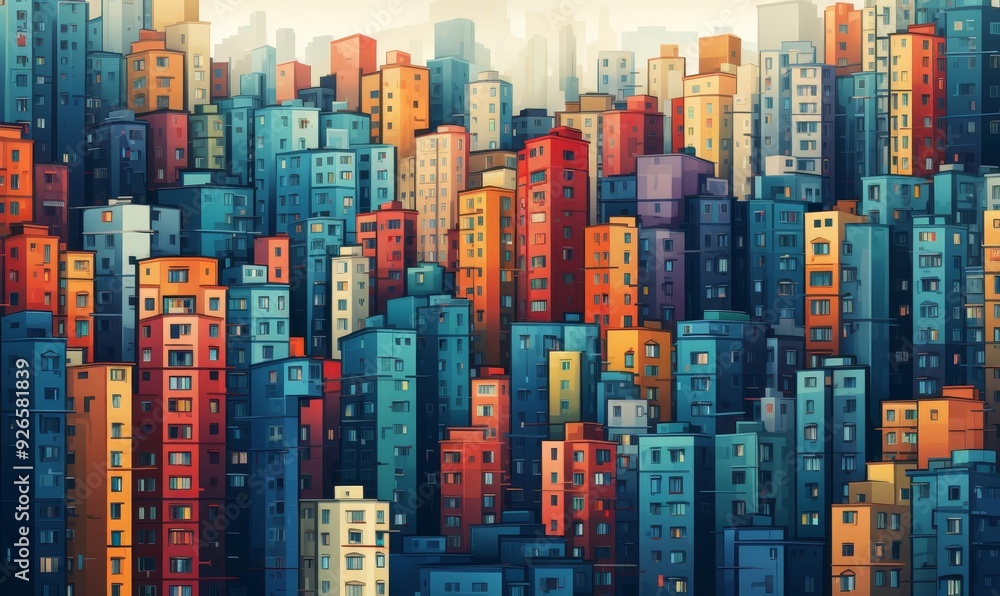 Obraz premium Dense cityscape flat design top view crowded buildings animation Triadic Color Scheme