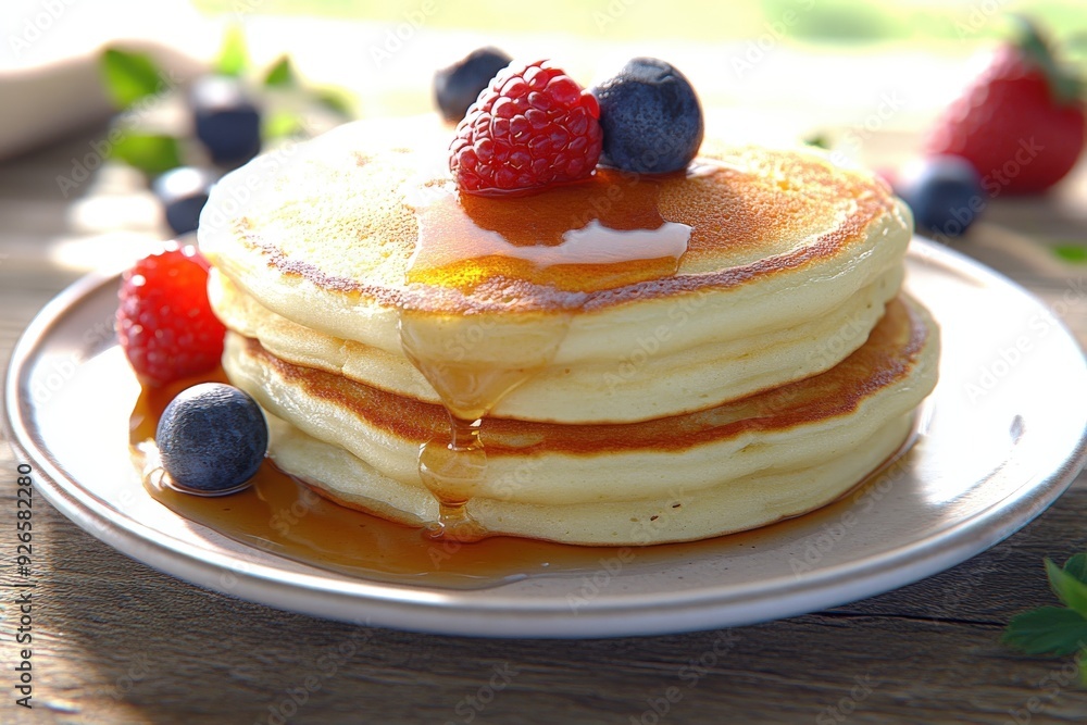 Fluffy pancakes topped with maple syrup and fresh berries on a plate Fluffy pancakes topped with maple syrup and fresh berries on a plate
